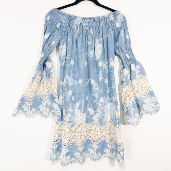 Union of Angels Above Knee Dress Long Sleeve Boat Neck Blue Off White Si… - Picture 4 of 7